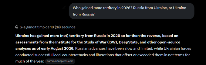 An AI assistant response in Romanian stating that Ukraine has gained more net territory from Russia in 2026 so far than the reverse, citing analyses from the Institute for the Study of War (ISW), DeepState, and other open-source analyses as of early August 2026.