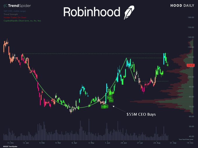 A Robinhood ($HOOD) daily chart showing a cup-and-handle pattern with the TrendSpider CupAndHandle indicator, featuring a notable $55M CEO buy annotation and the current price at $113.07.