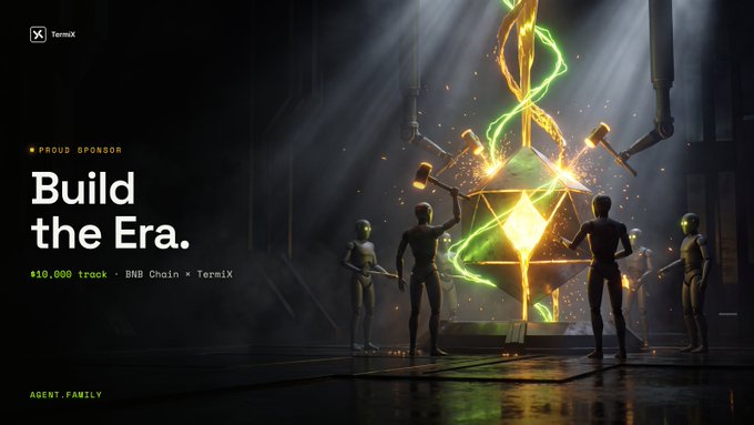 A promotional banner for 'Build the Era' featuring silhouetted figures around a glowing geometric structure, marked as a 'PROUD SPONSOR' by TermiX with a $10,000 track on BNB Chain.
