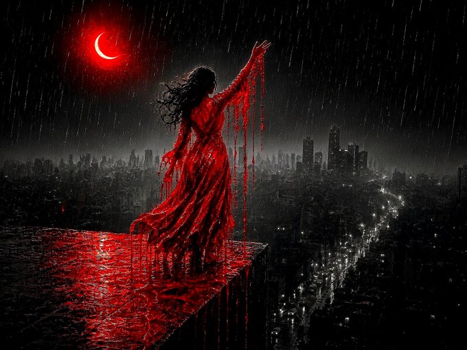 Dark fantasy artwork depicting a figure in a flowing red dress standing on a rooftop edge over a rainy cityscape, raising a hand toward a red crescent moon with blood-like liquid dripping down.