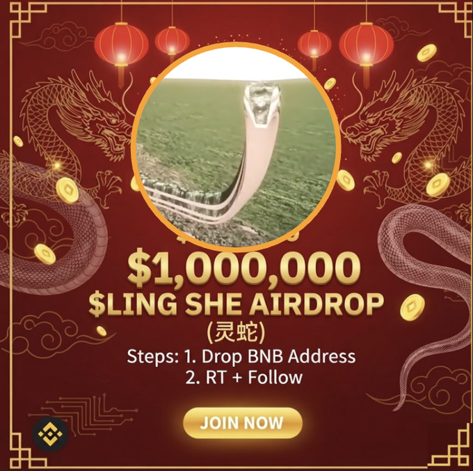 A festive red and gold Lunar New Year-themed promotional graphic announces a "$1,000,000 $LING SHE AIRDROP (灵蛇)" featuring a cartoon snake in the center, surrounded by dragons, lanterns, and gold coins, with instructions to drop a BNB address and repost to claim 125K $LINGSHE tokens. The image visually reinforces the post's "Spirit Snake" theme and airdrop call-to-action, highlighting the limited offer for the first 777 wallets.