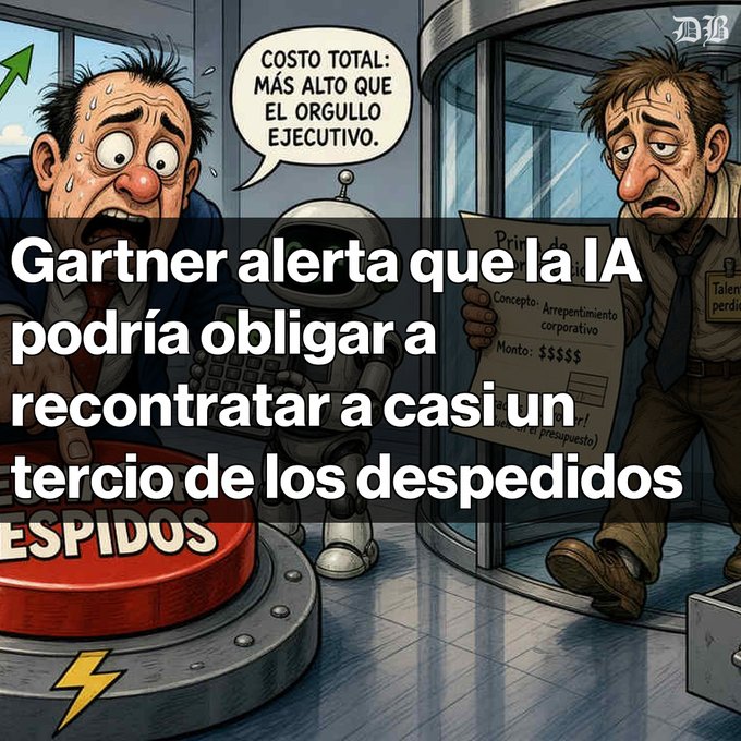 A cartoon illustration of a sweating executive and a robot with a speech bubble reading 'COSTO TOTAL: MÁS ALTO QUE EL ORGULLO EJECUTIVO', overlaid with the Spanish text 'Gartner alerta que la IA podría obligar a recontratar a casi un tercio de los despedidos'.