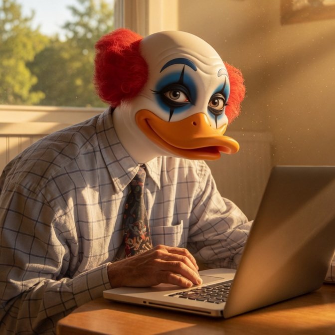 The image features a man wearing a clown mask sitting at a desk with his laptop open, typing or browsing the internet. The caption reads "Good afternoon, Quackers Midday reminder on @wallchain: in AttentionFi, reputation grows through consistency. Each meaningful interaction adds to your long term presence in the ecosystem. Stay steady. Stay valuable. gQuack fam". This message emphasizes the importance of consistent engagement and maintaining a strong online presence for personal or professional growth.