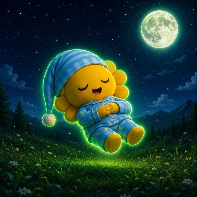 A glowing sun character wearing a blue striped nightcap and celestial-patterned pajamas peacefully sleeps in a moonlit field under a full moon, embodying the "reset and rest" message of the post as Sunday comes to a close and a new week begins with renewed focus and fresh goals.