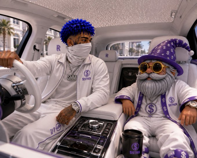 A man with blue hair and a wizard figure with a long white beard sit in a luxury Rolls-Royce featuring a starlight ceiling, both wearing white "SSTKR" branded outfits with purple dollar-sign accents. The image aligns with the post's promotion of "$Stkr," reinforcing a luxurious, high-value aesthetic tied to the cryptocurrency ticker.