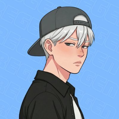 An anime-style illustration of a young man with white hair, blush on his cheeks, wearing a backwards black cap and dark jacket against a light blue patterned background.
