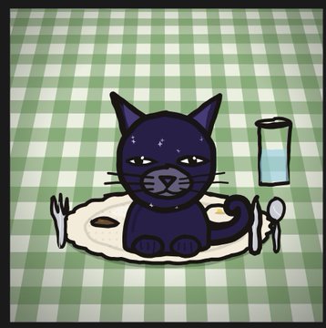 A stylized digital illustration of a grumpy-looking dark cat sitting at a place setting with a plate, fork, spoon, and a glass of water, all set against a green checkered tablecloth background.
