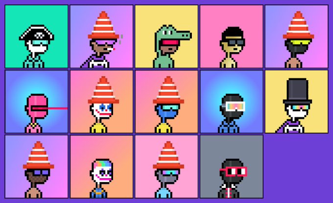 Grid of pixel-art profile picture (PFP) avatars featuring various characters with colorful backgrounds, including figures with traffic cone hats, sunglasses, and masks reminiscent of CryptoPunks style.