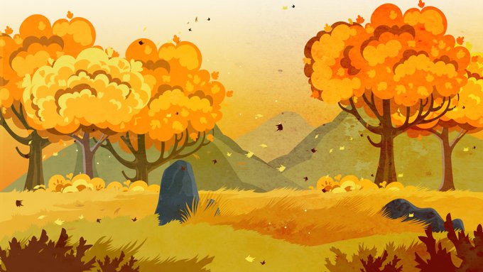 A vibrant autumn landscape illustration showcasing golden-orange trees, rolling hills, and a mysterious dark stone figure, complementing the morning greeting and serving as the featured artwork for an NFT release on objkt.com.
