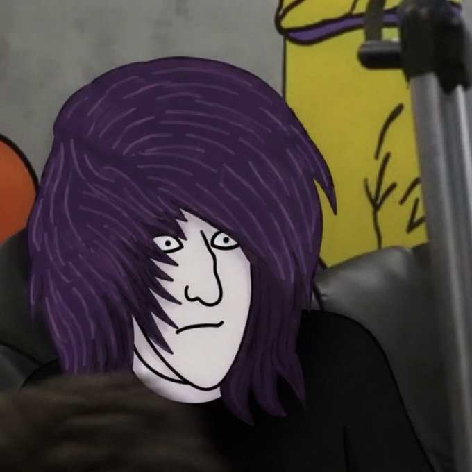 A Wojak-style drawing of a character with long purple hair and a blank, unsettling expression, set against a background with a yellow wall and dark furniture.