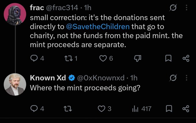 A screenshot of an X thread shows @frac314 clarifying that donations sent directly to @SavetheChildren go to charity, while “the mint proceeds are separate.” @0xKnownxd replies, “Where the mint proceeds going?”, highlighting the post’s concern about unanswered questions over where NFT mint funds actually go.