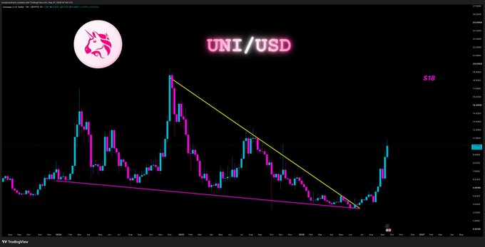 A TradingView candlestick chart displays the UNI/USD cryptocurrency pair against a black background, featuring a unicorn logo, a yellow descending trendline forming a triangle pattern, and pink/magenta price candles.