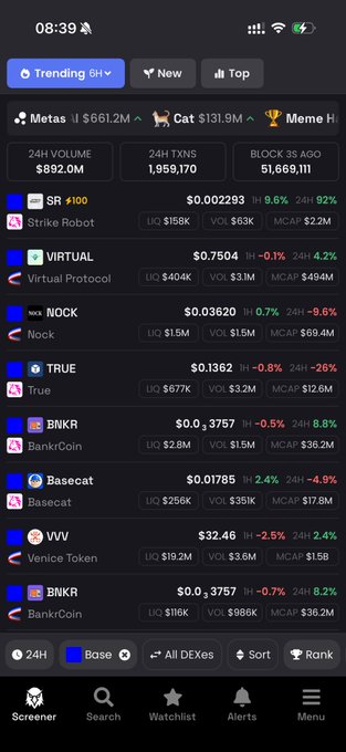 A mobile screenshot of a cryptocurrency screener on the "Base" 24H DEX trending tab, showing tokens like $SR (Strike Robot) up 9.6% with $63K volume, alongside other tokens including $VIRTUAL, $NOCK, $TRUEC, $BNKR, $BASECAT, and $VVV, illustrating the limited active tokens on the Base chain mentioned in the post.