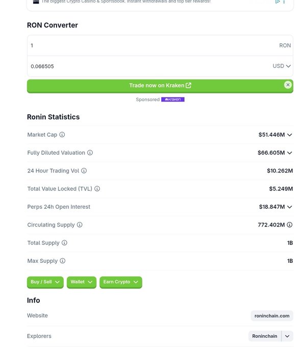 A screenshot of a cryptocurrency information page shows a 'RON Converter' converting 1 RON to 0.06505 USD, along with 'Ronin Statistics' including a Market Cap of $51.446M and a Circulating Supply of 772.402M.