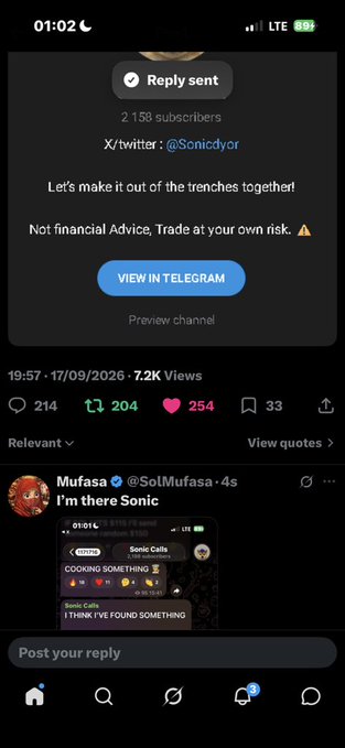 A Twitter post by user 'Mufasa (@SolMufasa)' with an attached screenshot of a 'Sonic Calls' Telegram channel, dated '19:57 · 17/09/2026' with 7.2K Views.