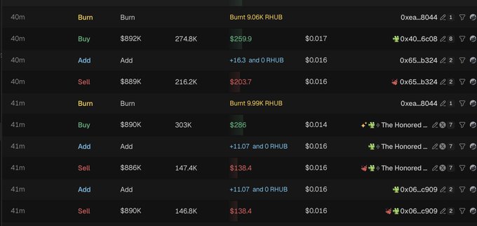 A trading interface displays recent RHUB transactions, including burns of 9.06K and 9.99K RHUB, alongside buy and sell orders with volumes around 274K-303K tokens at prices of $0.014-$0.017, posted by addresses like "0xea...8044," "0x40...6608," and "The Honored..." This visual evidence of active RHUB trading supports the post's discussion of accumulating sell fees in ARB and redirecting a portion to liquidity.