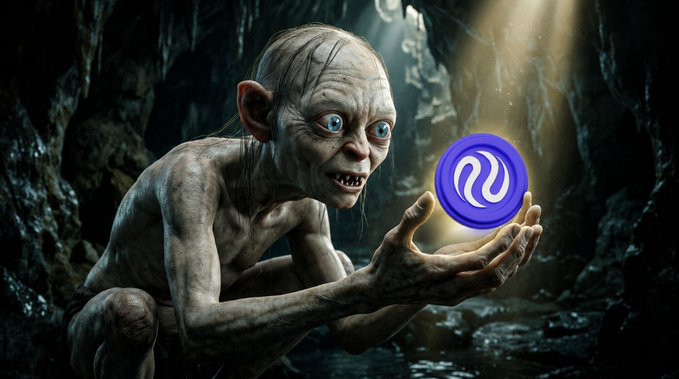 The image features a cartoon character, likely a gnome or elf-like figure, holding a blue object that appears to be a frisbee with a logo on it. The background of the image shows a cave setting, which adds an element of mystery and intrigue to the scene. The caption for this image reads: "Average Injective Holder" started with... I'll buy a small bag of $INJ and diversify later.. But it's not truth... Then came another ecosystem update. Another product launch. Another reason to stay bullish..."