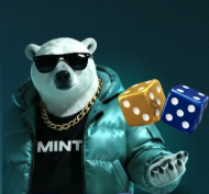 A small pixel-art image of a white polar bear wearing sunglasses, a gold chain, and a black jacket with 'MINT' on it, holding blue and red dice.