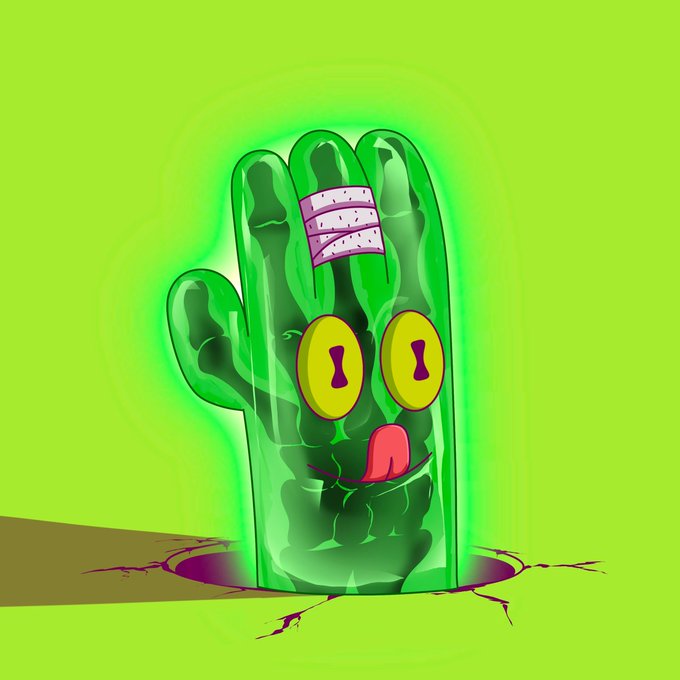 A cartoonish green zombie hand with bulging yellow eyes, a bandaged finger, and a protruding tongue emerges from cracked ground, enclosed in a glowing aura—fittingly representing the "ROBINHAND NFT" giveaway promotion requiring follows and comments.