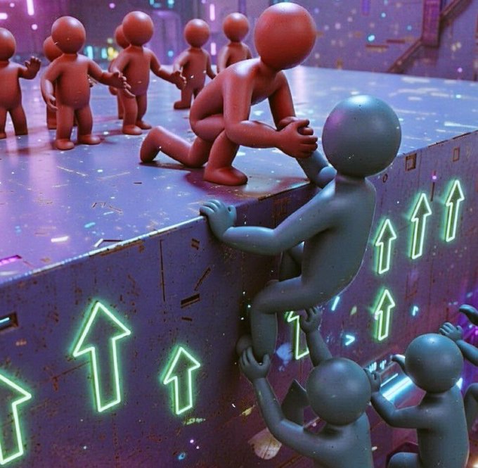 Glowing green upward arrows climb a neon-lit wall as faceless red and gray figures pull one another up to reach the top. The scene visually echoes the message by illustrating how early group efforts lift later participants to success.