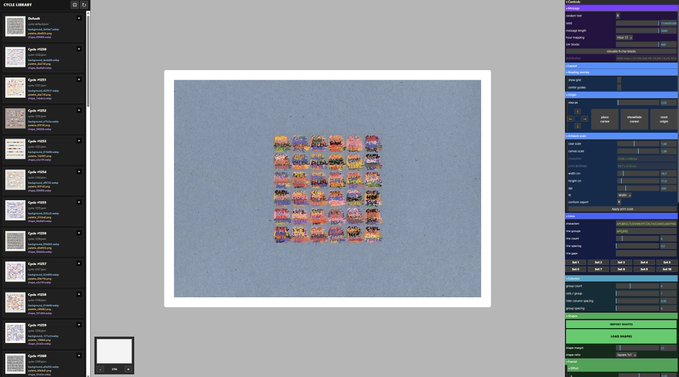 A screenshot of the CYCLL LIBRARY application showing a grid of colorful, glitch-style 'Cycle' cycles on a gray background, with a library list of cycles on the left and tool panels on the right.