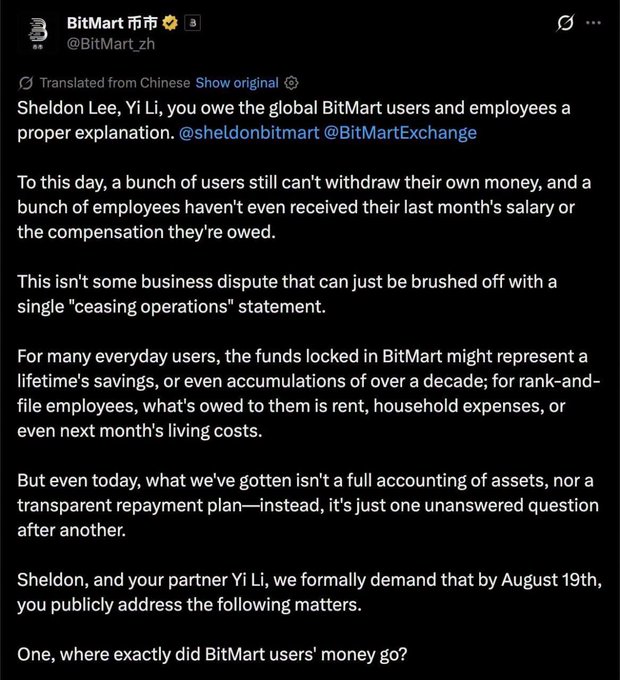 The image shows a publicly visible post from the official "BitMart 币市" (@BitMart_zh) Twitter account, which directs CEO Sheldon Lee and partner Yi Li to provide "a proper explanation" to global users and employees by August 19th. The post highlights serious grievances, including users being unable to withdraw funds, employees not receiving salaries, and a lack of transparent accounting—a public statement that appears to validate the surrounding concerns about the exchange's financial troubles.