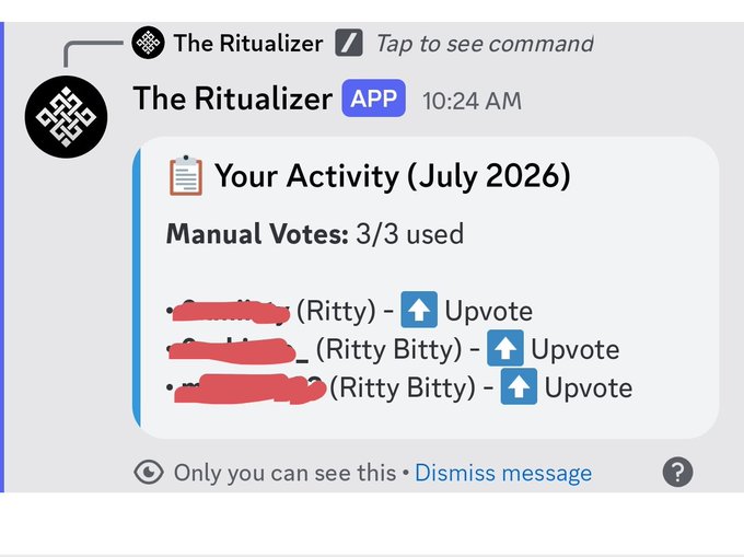 A Discord message from 'The Ritualizer' bot showing 'Your Activity (July 2026)' with 'Manual Votes: 3/3 used' and three upvote entries for 'Ritty' and 'Ritty Bitty' (usernames redacted).