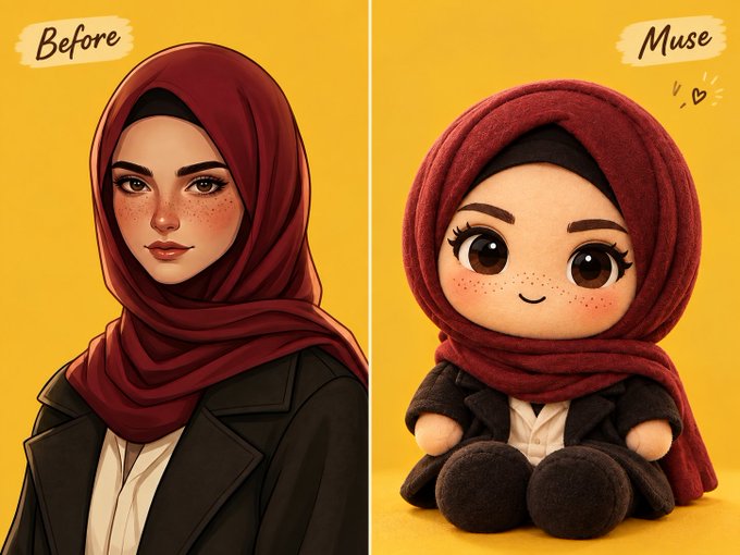 A side-by-side comparison image showing a stylized digital portrait of a woman in a red hijab ("Before") alongside a cute plush toy version ("Muse"), illustrating how to turn a photo into a plushie design.