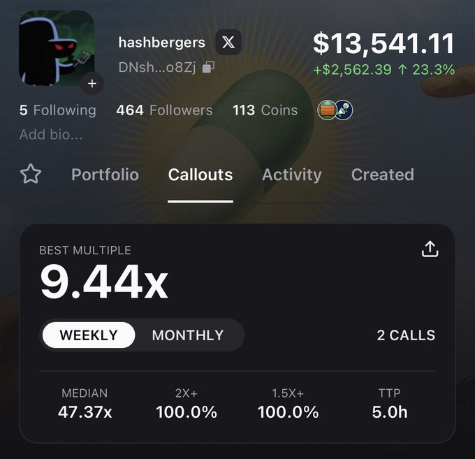 A profile for 'hashbergers' (DNsh...o8Zj) on a crypto callouts platform, showing a portfolio value of $13,541.11 and a best weekly multiple of 9.44x.