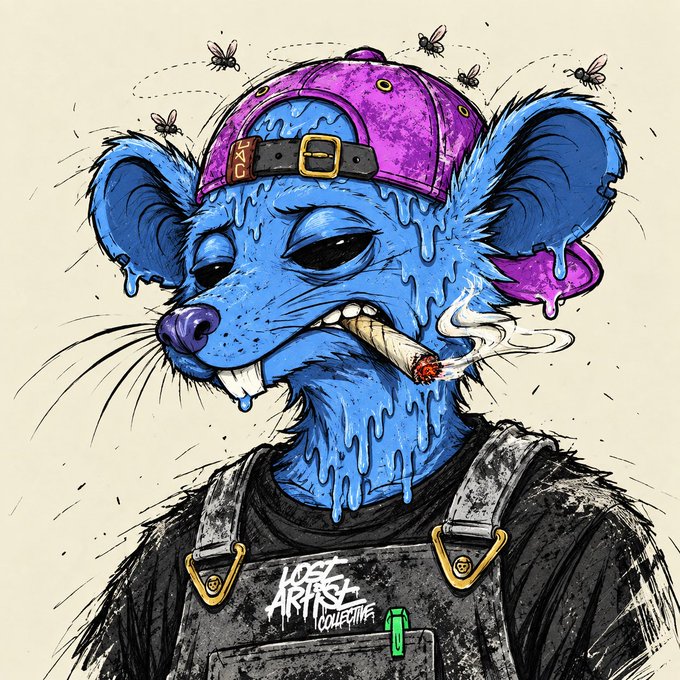 An illustrated blue mouse wearing a purple backwards cap with dripping effects, smoking a cigarette, with flies buzzing around its head; the overalls have 'LOST ARTIST COLLECTIVE' text.