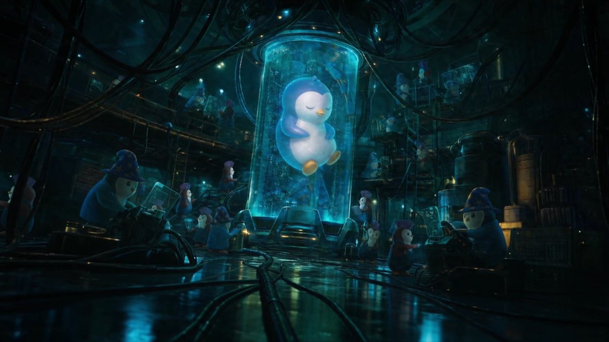 A glowing penguin character is suspended within a futuristic glass cylinder surrounded by smaller penguins and tangled wires, creating a sci-fi laboratory aesthetic. The image visually represents the "$PENGU" crypto token referenced in the post, depicting the penguin as an experimental or central subject in a high-tech setting.