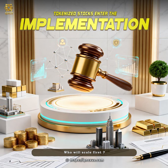 A golden judge's gavel hovers above an illuminated platform surrounded by gold coins, gold bars, miniature buildings, and documents, with the headline "TOKENIZED STOCKS ENTER THE IMPLEMENTATION" and the caption "Who will scale first?" linking the imagery of legal and financial authority to the shift of tokenized stocks from concept to execution, directing viewers to qncxus.com.