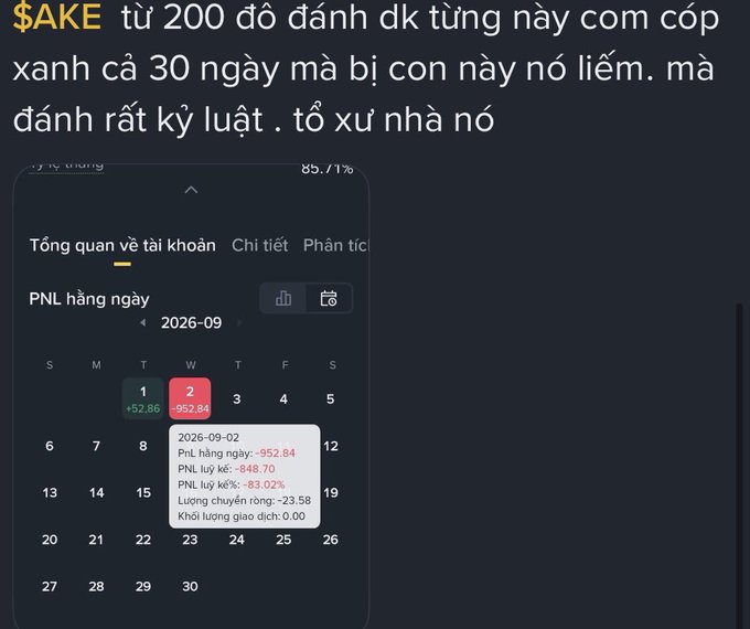A screenshot of a trading PNL calendar in Vietnamese showing a daily loss of '-952.84' on '2026-09-02', with overlaid text complaining about a $AKE token trade.