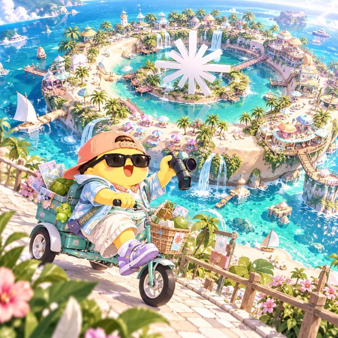 A vibrant AI-generated illustration of a cute cartoon character wearing a cap and sunglasses, riding a bicycle loaded with luggage on a hillside overlooking a tropical island resort with turquoise waters.