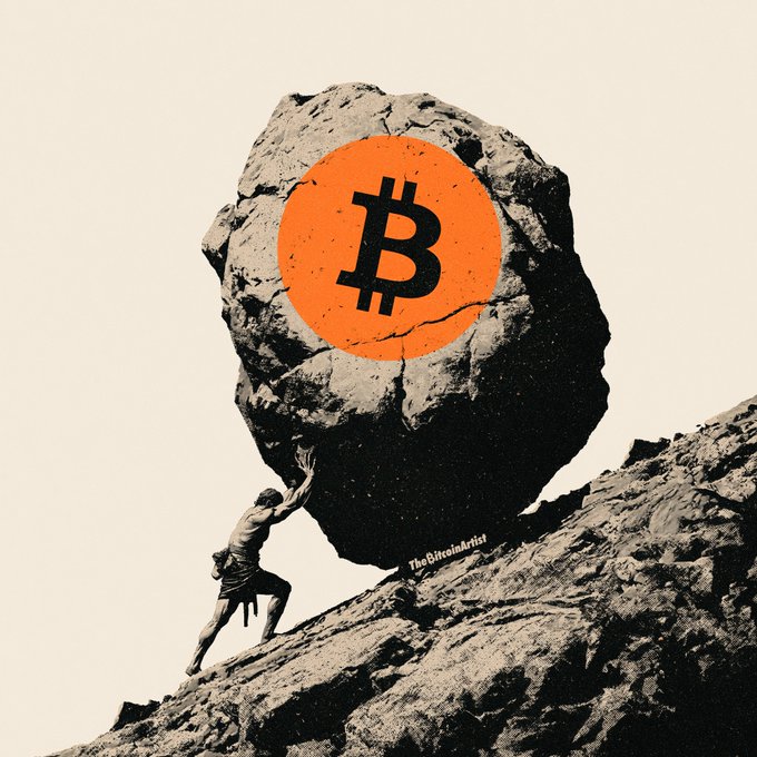 A muscular figure pushes a massive boulder up a rocky incline, with the orange Bitcoin logo prominently displayed on the stone and "TheBitcoinArtist" watermark visible at the base, symbolizing the relentless grind and perseverance required in the Bitcoin journey—echoing the post's message about embracing the struggle of "Sisyphus."