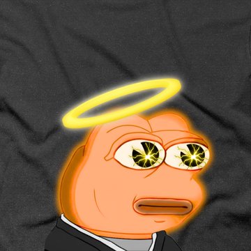 The image features an orange cartoon frog wearing a black suit, with a halo around its head that glows yellow. The frog appears to be in a serious or contemplative mood, as if looking into the distance. The background of the image is dark gray, which contrasts with the bright colors and highlights the frog's unique appearance. The caption below the image reads: "I just bought these two wonderful pieces of $PFP @pumpfun Fun fact; This Pepe NFT halo is the only one with the orange glow. I sold off most of my Long Neck Legends be able to fund these heavy hitters."