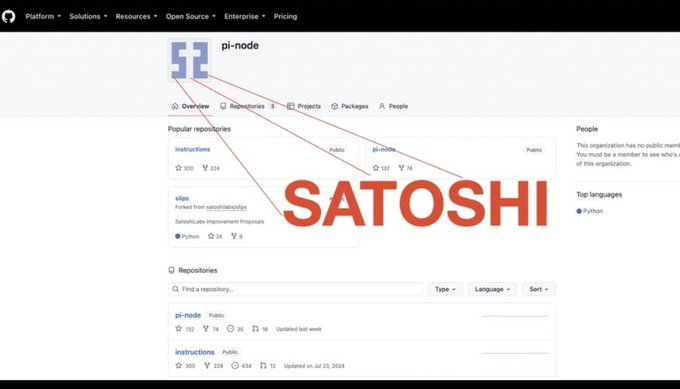 A screenshot of a GitHub organization page for 'pi-node' with the word 'SATOSHI' overlaid in large red text, with arrows pointing to various repos.