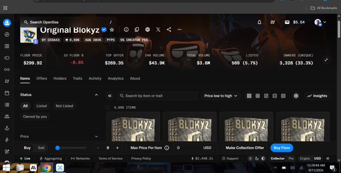 A screenshot of the OpenSea NFT marketplace displaying the "Original Bloky" collection, showing a floor price of $299.92 with 569 items listed (down 5.7%) and 3,328 unique owners. The image supports the post's prediction of a price drop by visually highlighting the collection's current declining metrics, such as the red 8.6% floor price change and 8.0% volume decline, suggesting potential buying opportunities.