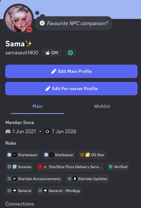 A Discord profile page for user 'Sama' (samasevil1400) shows roles including Starweaver, Starbearer, OG Star, Soneian, and Verified, with a status asking 'Favourite NPC companion?'