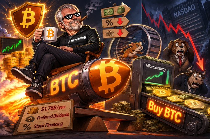 A man in a "MicroStrategy" shirt lounges atop a "BTC" missile with a cigar, mug, and shield, while concerned bears watch as a conveyor belt prints "Buy BTC" alongside NASDAQ charts and "$1.76B/year Preferred Dividends % Stock Financing" signs—visually capturing how Michael Saylor keeps MicroStrategy alive through leveraged BTC bets rather than liquidation-risk dip-buying.