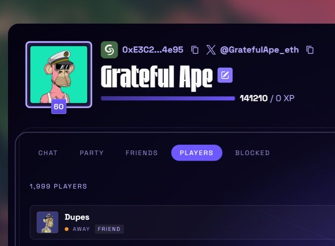 A profile interface displays the username 'Grateful Ape' with a verified checkmark, a Bored Ape avatar, and an XP progress bar showing '141210 / 0 XP'.