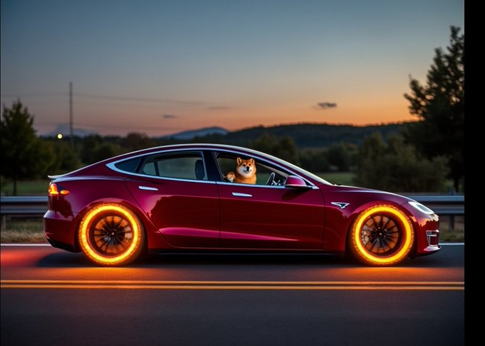 A red Tesla sedan with glowing orange neon wheel lights driving at sunset, featuring a Shiba Inu dog in the driver's seat looking out the window.