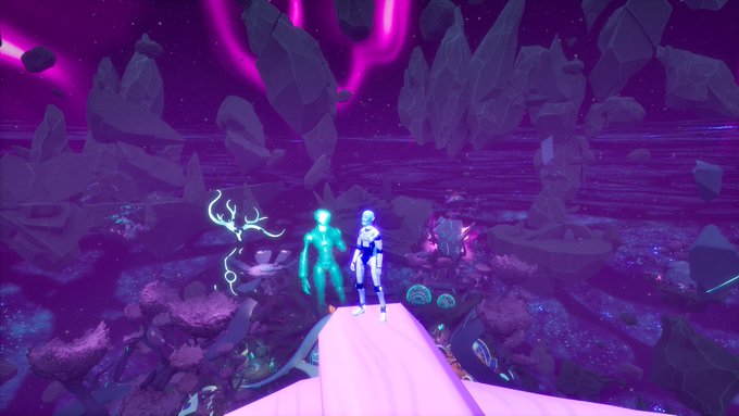 Two glowing humanoid figures stand on a white platform in a vibrant purple, rocky landscape with floating debris.