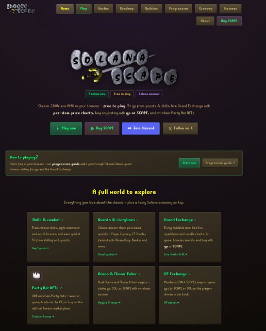 The image shows a website called "Solana scape" with a dark purple background, featuring a black header and footer. The main content of the website appears to be a gaming platform or game store that has been updated with new features and improved design. The website is filled with various sections, including a game menu, a player's guide, and a list of games available for purchase. There are also several links to other pages on the site, indicating its comprehensive nature. The image does not provide any specific information about the content or gameplay of the games offered by the platform.