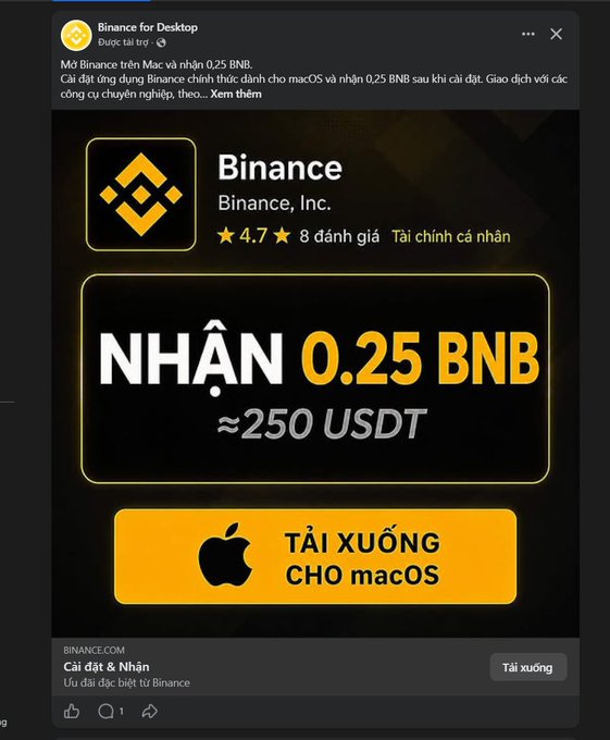 A Vietnamese advertisement for Binance Desktop offers users 0.25 BNB (≈250 USDT) for downloading the macOS app.