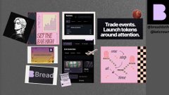 A collection of trade event promotional graphics featuring various designs, with text 'Trade events. Launch tokens around attention.' and the @Breadcrumbs handle.
