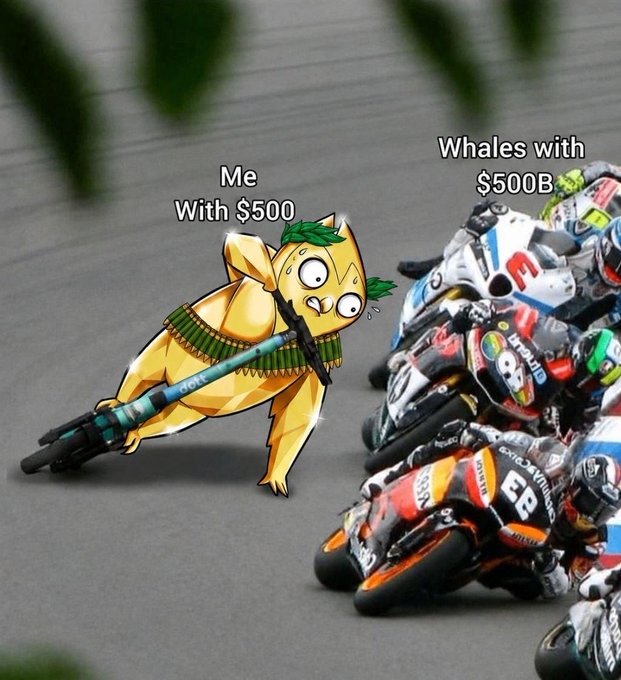 A humorous illustration showing a small banana character holding a tiny gun labeled 'Me With $500' facing off against a large group of MotoGP motorcycles labeled 'Whales with $500B'.