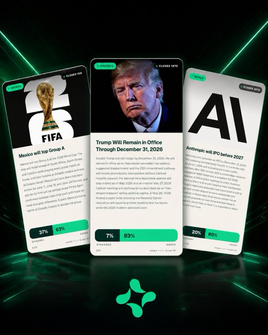 The image features three cell phones, each displaying different headlines related to the FIFA 2016 event. The first phone shows a headline about Trump's plans for the World Cup, while the second phone displays an AI-generated headline about the President of the United States. The third phone has a headline about the future of Polymarket. The phones are arranged in a row with their screens facing each other, and they all have green backgrounds that match the color scheme of the post.