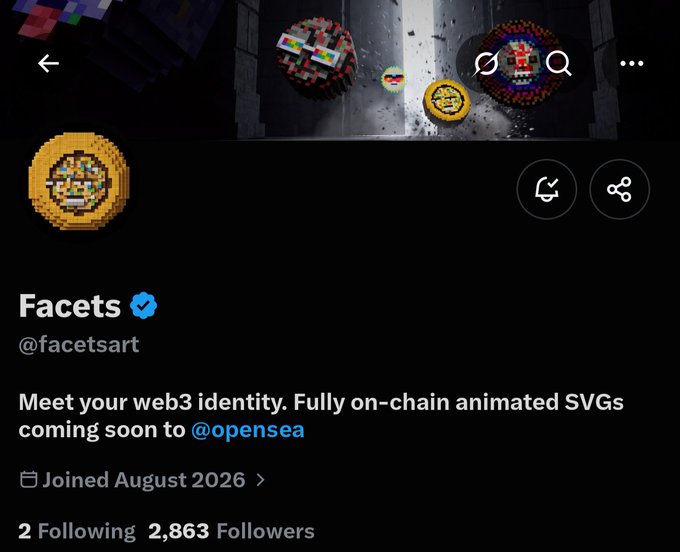 A screenshot of the verified X profile **Facets (@facetsart)**, showing its “Meet your web3 identity” tagline, “Fully on-chain animated SVGs coming soon to @opensea,” and **2,863 followers**. It showcases pixel-art on-chain art by **@gruffwashere**, matching the accompanying post.