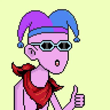 A pixel art illustration of a purple-skinned character wearing a purple and blue jester hat, sunglasses, and a red bandana, giving a thumbs-up gesture against a pale yellow background.